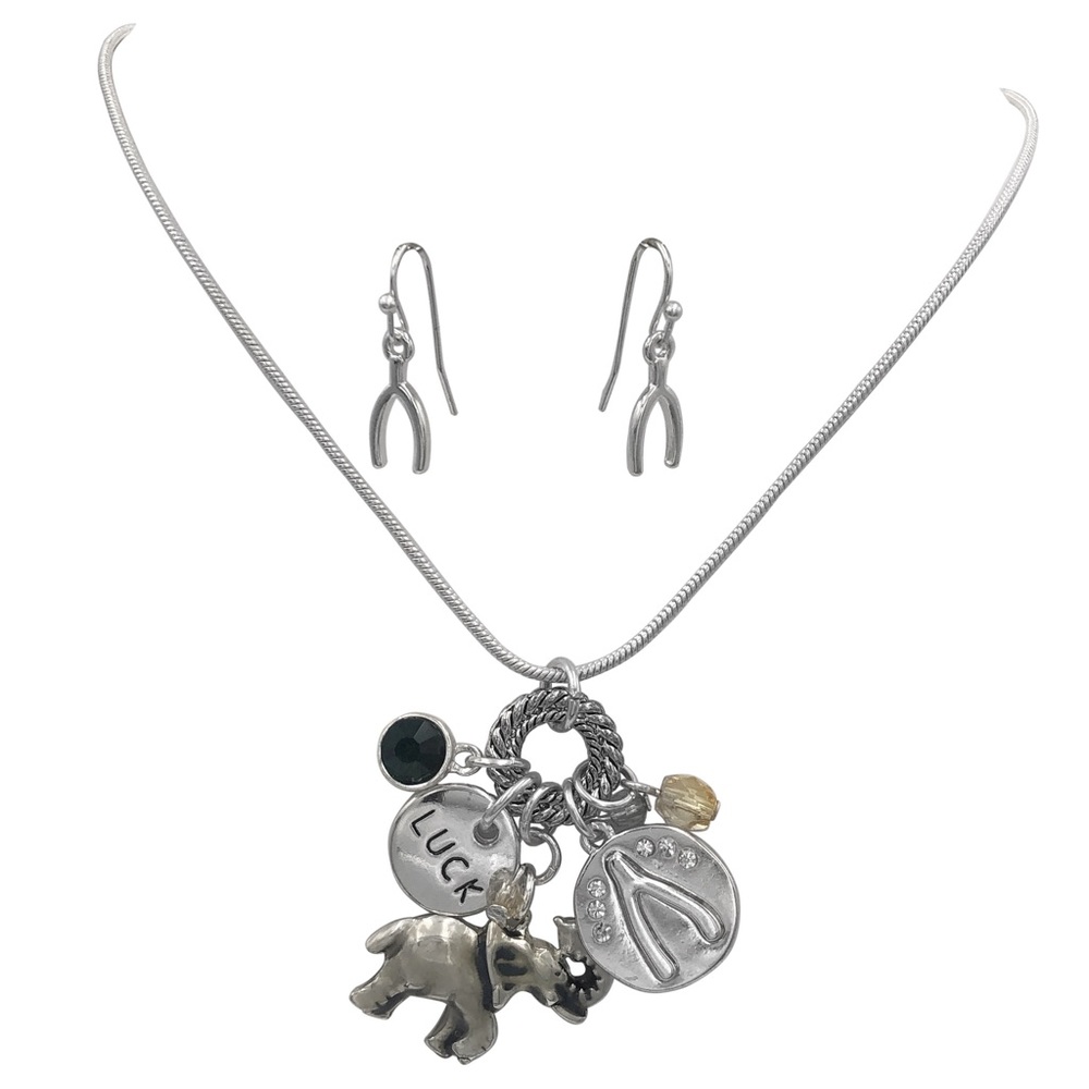 Lucky Charm Cluster Dangle Elephant Silver Tone Chain Necklace Earrings Set